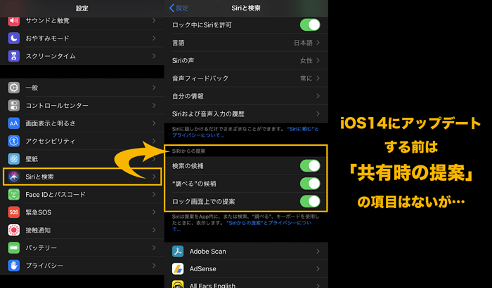 iOS14にアップデートする前は 「共有時の提案」 の項目はないが…